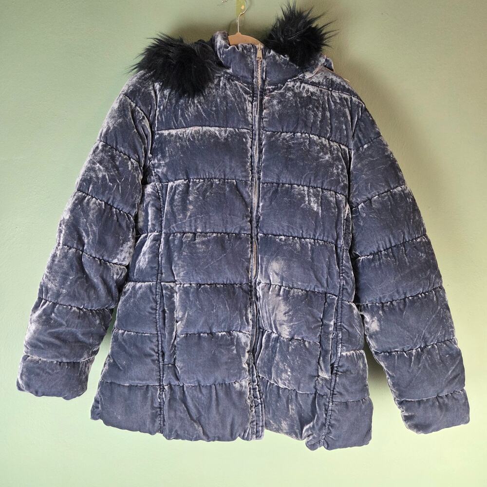 Ann Taylor Loft Velvet Puffer Jacket Womens XL Blue Faux Fur Hooded Coat Winter
